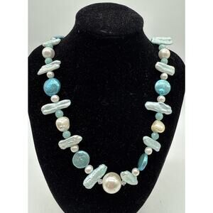 Fresh Water Pearl White And Blue Dyed Necklace Vintage 29” Beach Island Hawaii